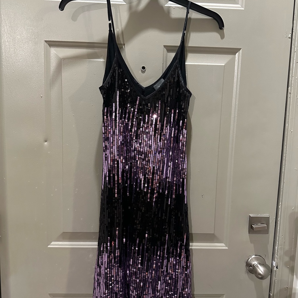 Black and Purple Sequin Dress Dots Y2K Large VTG Mini Dress V Neck Sexy Clubwear